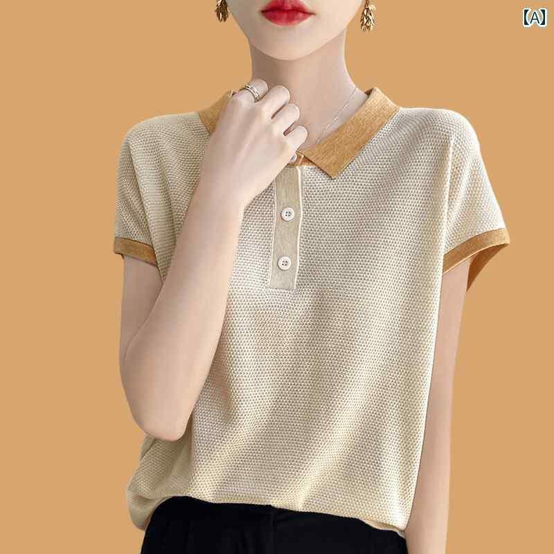 夏用 半袖 Tシャツ レディース POLO 襟な 薄手 ゆったり 大きいサイズ コントラストカラー ショート トップ カジュアル かわいい 6,567円