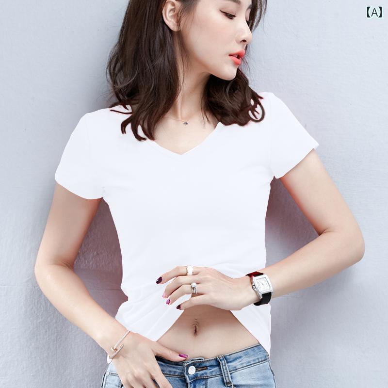 鮮やかな 赤 レッド 綿 コットン Vネック Tシャツ レディース 半袖 スリムフィット 夏 スタイル 無地の タイトフィットの トップス 多用途