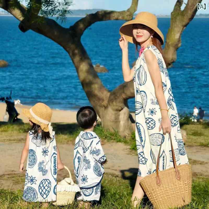 3人 家族 親子 ペアルックセット お揃い コーデ 2025年 夏 母 娘 ドレス ビーチでの 休暇 花柄 シャツ カジュアル かわいい