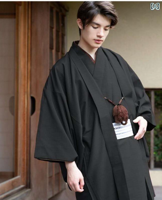 日本 男性 伝統的 フォーマル 着物 羽生 地 スーツ 紳士 アウター ドレス 角 ベルト 付き 無地 シンプル おしゃれ