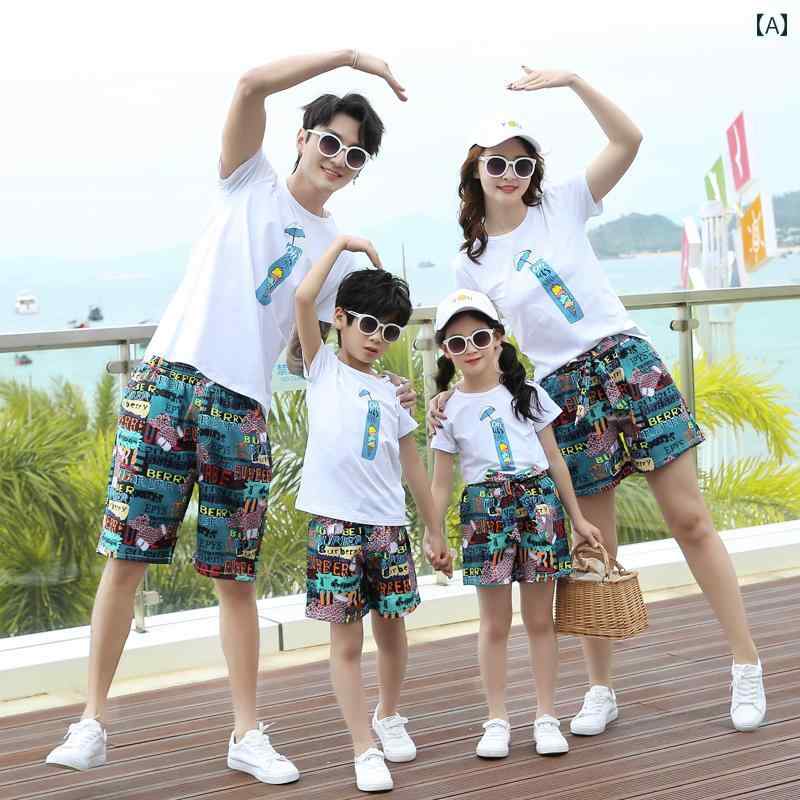 ビーチ 親子カップル 夏 家族 3人～4人家族 バカンスプリント Tシャツ ハーフパンツカジュアル 柄 セットアップ