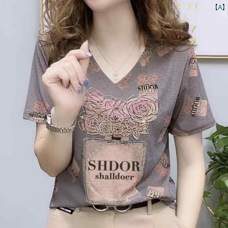 綿 半袖 Tシャツ 女性 2025年 夏 ママ 服 洋風 ショート トップス Vネック 花柄ロゴ 薔薇 4,287円