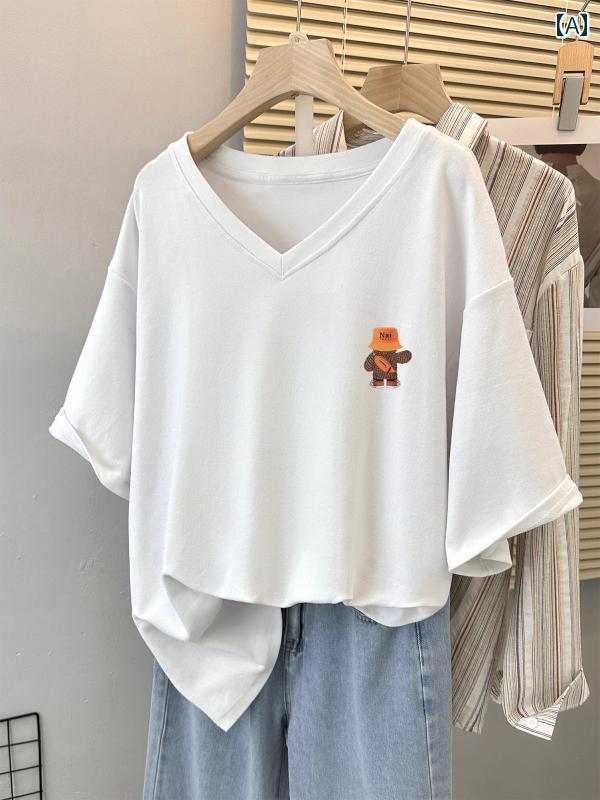 Vネック 綿 半袖 Tシャツ 女性 2025 夏 ゆったり カジュアル 体型カバー 大きいサイズ プリント トップス ベア｜LINEAR shop