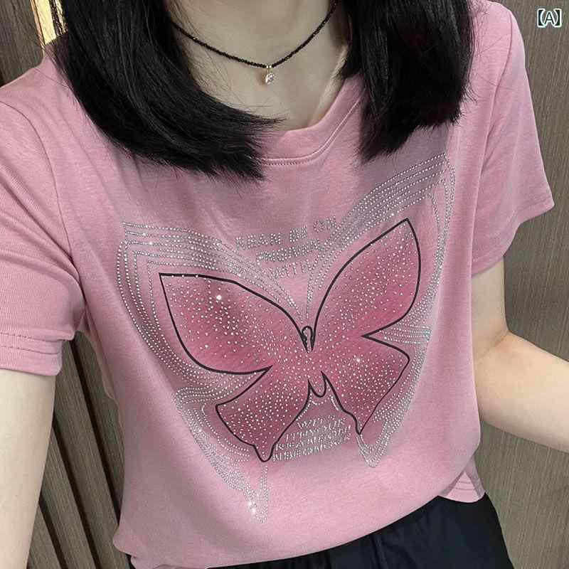 半袖 Tシャツ 女性用 夏 バタフライ蝶プリント トップス