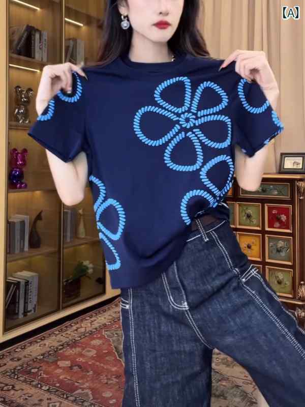 ネイビーブルー プリント 半袖 Tシャツ レディース 2025 夏 おしゃれ ゆったり スリム 万能 柄 フラワー