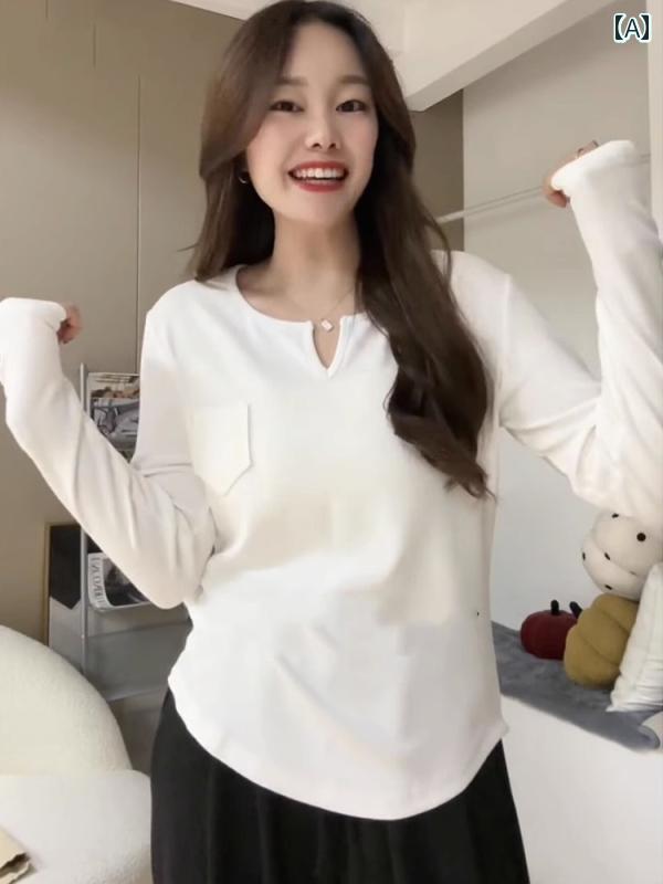 大きいサイズ ゆったり ストレート ショルダー Vネック トップス レディース 春 スリミング 体型カバー 年齢 若く 見せる 長袖 Tシャツ ボトムス