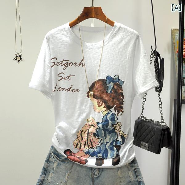 2025 夏 ホワイト 竹 綿 半袖 大きいサイズ ゆったり 丸 首 Tシャツ レディース トップス カジュアル かわいい
