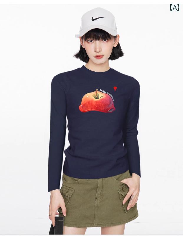 レディース ネイビー アップル ラウンドネック 長袖 Tシャツ タイト コットン トップス カットソー カジュアル