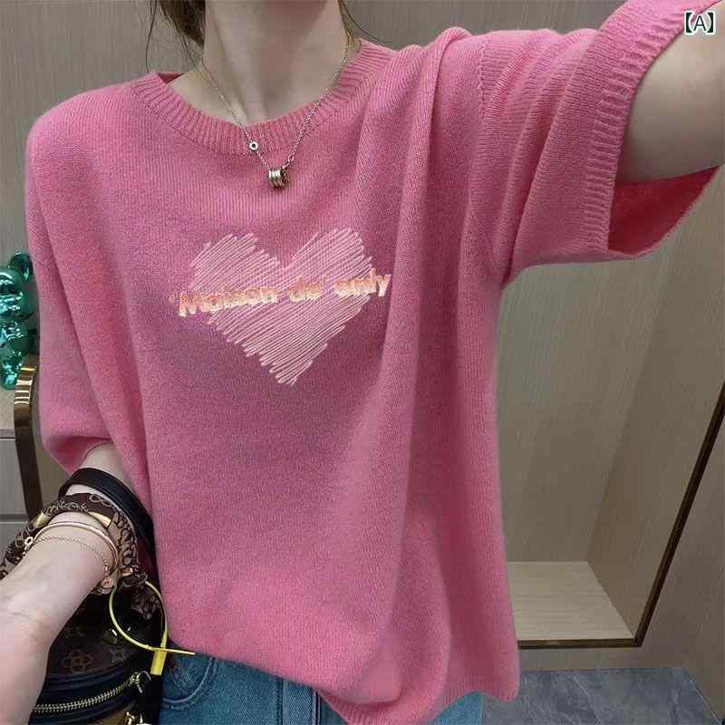 薄手 プリント 夏用 女性用 ピンク ニット 半袖 Tシャツ 大きいサイズ 太めの ゆったり スリム トップス カジュアル カットソー