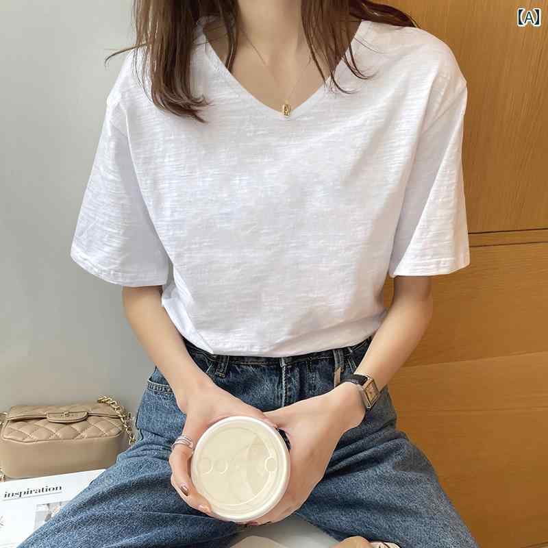 2025 夏 トップス ゆったり 韓国 綿 竹 白 レディース 半袖 Tシャツ 豪華 Vネック 女性 ワンポイント カジュアル カットソー