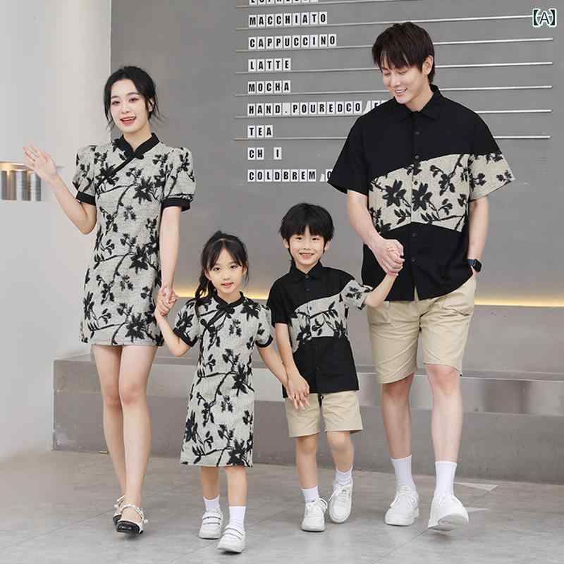豪華 個性的 親子 夏 新型 3人 家族 母と 息子 娘 漢服 ドレス ペアルック コーディネート お揃い カジュアル コットン