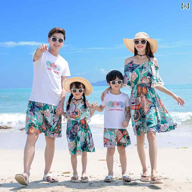 親子 服装 2025年 夏用 母 娘 ドレス ビーチ 休暇 家族 3人 スーツ ペアルック コーディネート お揃い カジュアル コットン