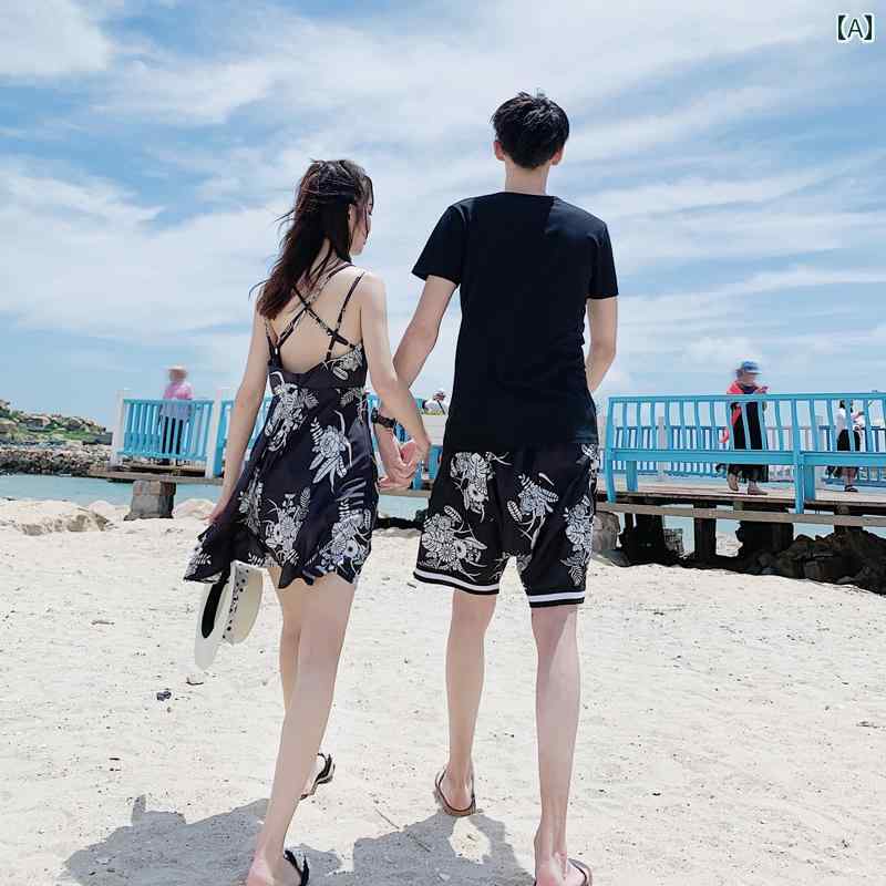 旅行 カップル スーツ 夏 ドレス ビーチ 休暇 服 スカート ペアルック コーディネート お揃い カジュアル おしゃれ ラウンドネック