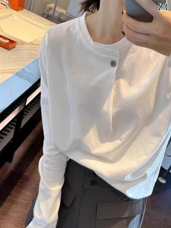 綿 ワン ボタン ホワイト 長袖Tシャツ レディース ゆったり スタイル カジュアル無地 デザイン トップス 大きめサイズ シンプル