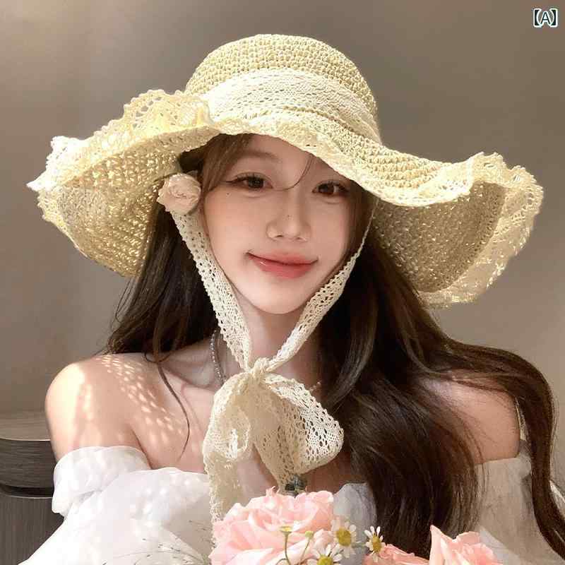 夏 日焼け防止 帽子 女性 ビーチ 休暇 つば広 わら フィッシャーマン サンシェード リボン 麦わら かわいい カジュアル おしゃれ
