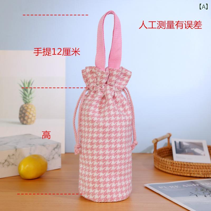 千鳥格子 巾着型 手持ち ウォーターカップ 魔法瓶 カップ ハンドバッグ シチュー 鍋 カバー 断熱 バケツ バッグ ポータブル ウォーターボトル