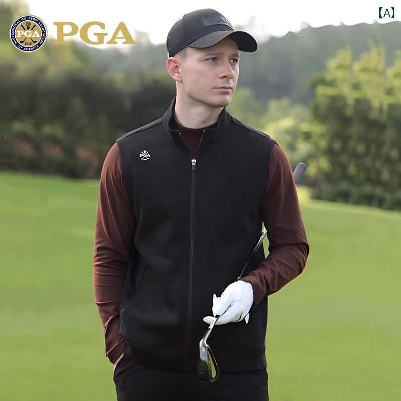 PGA ゴルフ メンズ ベスト 秋冬 防風 ジッパー スタンドカラー 伸縮性 ニット 生地 暖かい 快適 24 編み地素材 ブラック ホワイト ブラウン