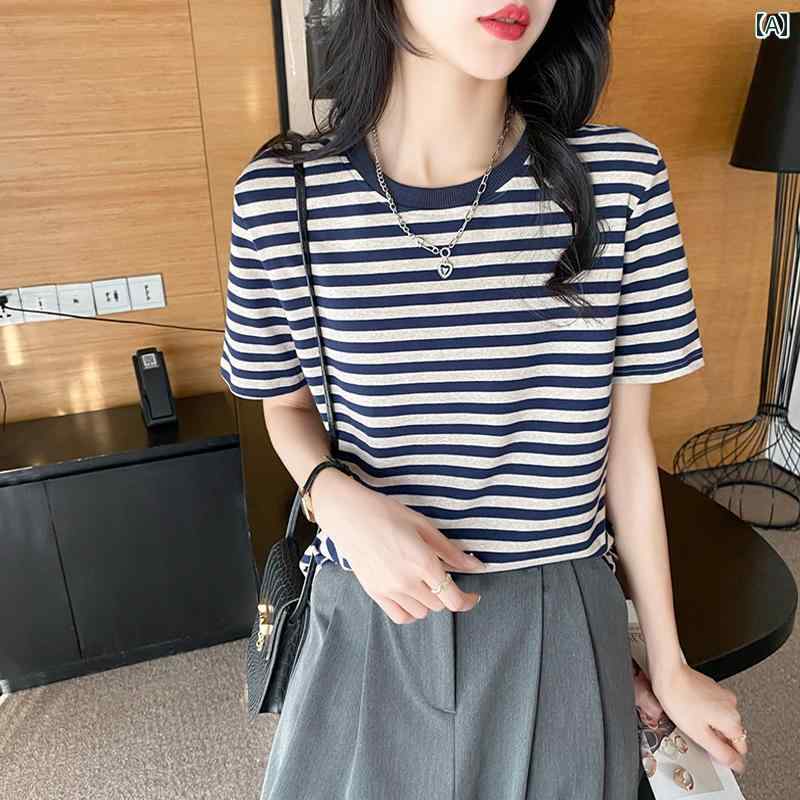 女性用 ストライプ 半袖 Tシャツ 夏 スタイル コントラストカラー カーブ 裾 ゆったり フィット感 大きいサイズ ラウンドネック トップス
