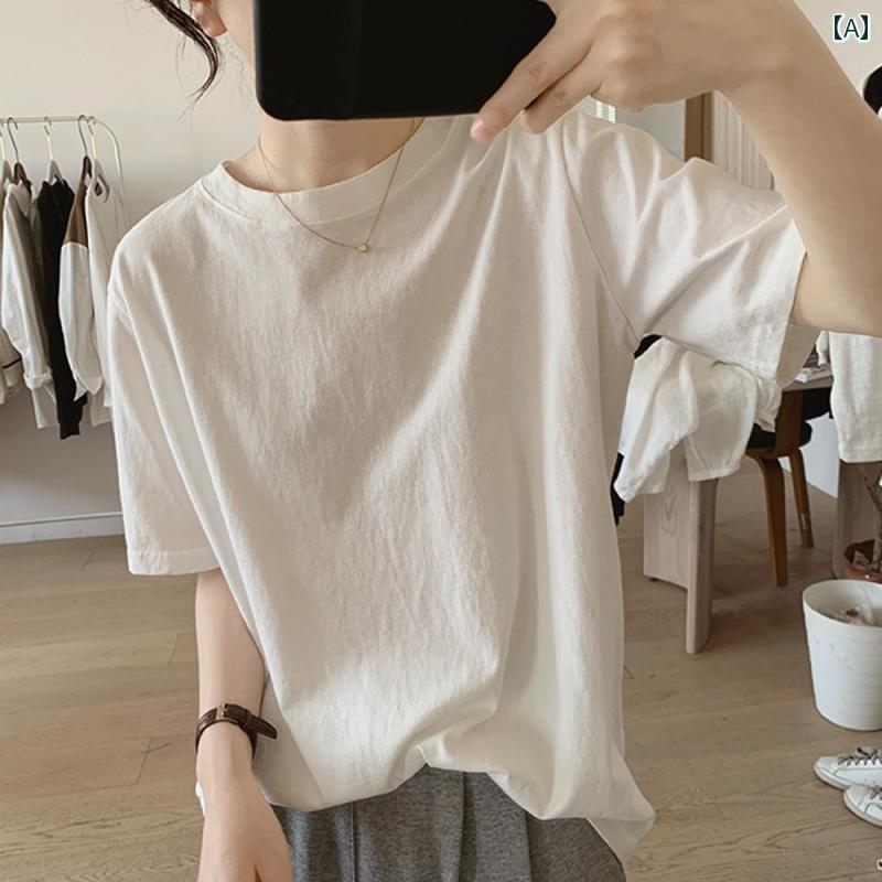 ステーション 綿 半袖 Tシャツ レディース 2025 夏 ゆったり スリム ホワイト ベーシック トップス 小さい シンプル