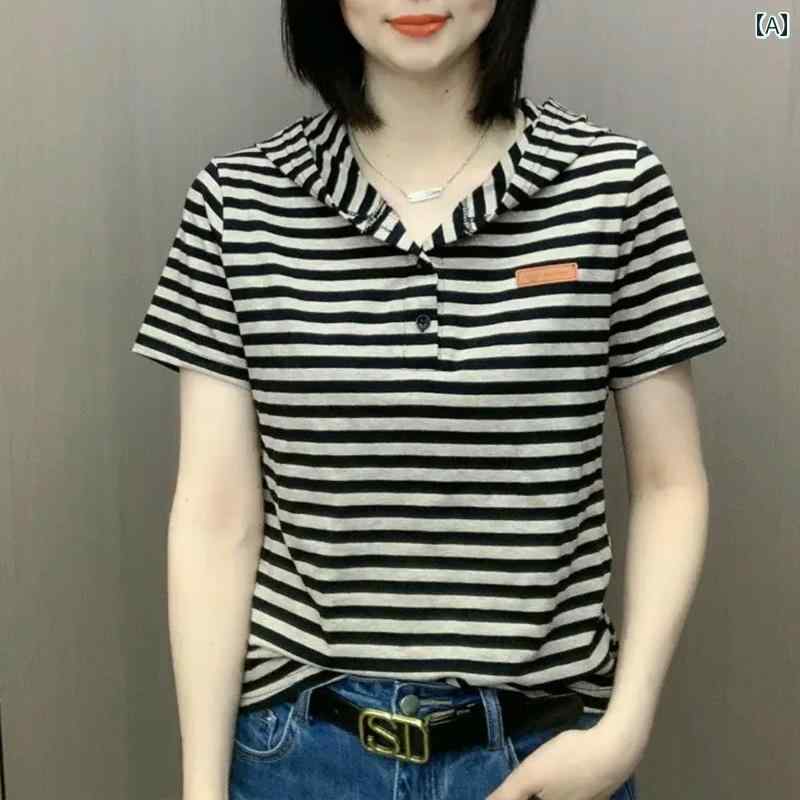 綿 ストライプ フード 付き 半袖 Tシャツ レディース 2025 夏新 スタイル スタイリッシュ スリム ショート トップ スモール