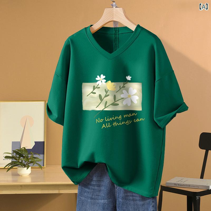 綿 半袖 Tシャツ レディース 2025年 夏 アメリカン レトロ ファット 大きいサイズ ガールフレンド ウェア Vネック トップス