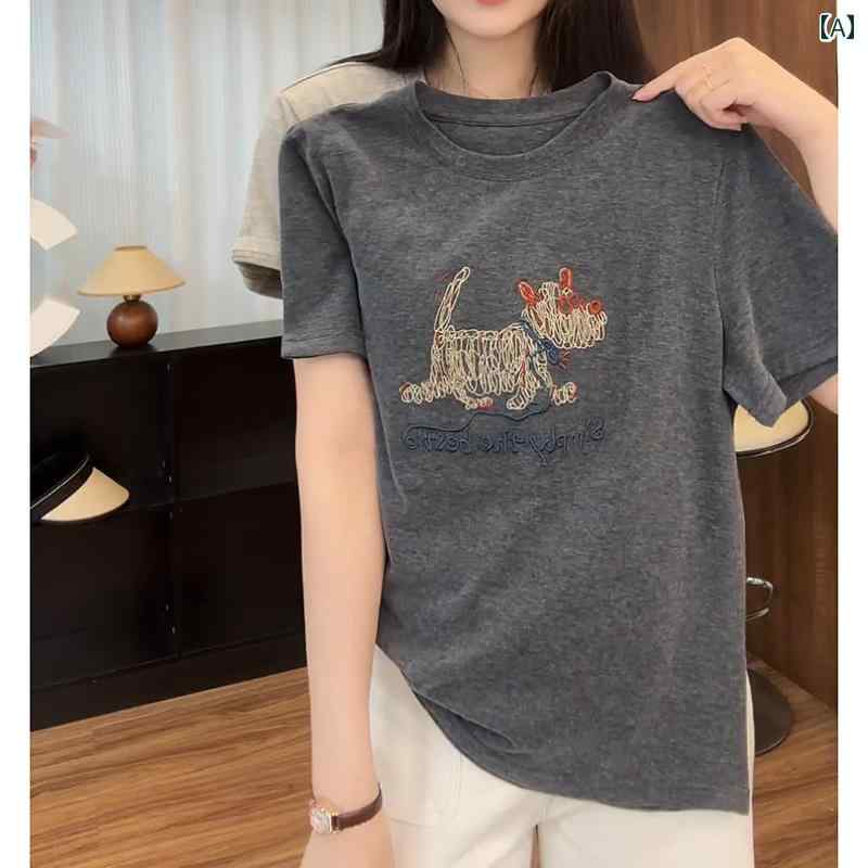 刺繍 半袖 Tシャツ 女性用 2025年 夏新 スタイル ニッチ 大きいサイズ 綿 ゆったり レディーストップス カジュアル