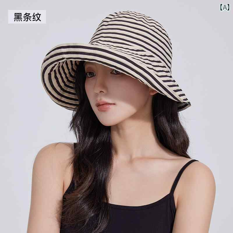 韓国 日焼け防止 ストライプ フィッシャーマン 夏 折りたたみ サンハット つば広 レトロ カジュアル トラベル おしゃれ