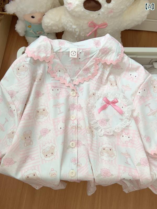 女性用 夏用 涼しい クール 快適 パジャマ 天使 クマ かわいい レース 襟 付き 半袖 カジュアル 家着 ルームウェア 5,162円
