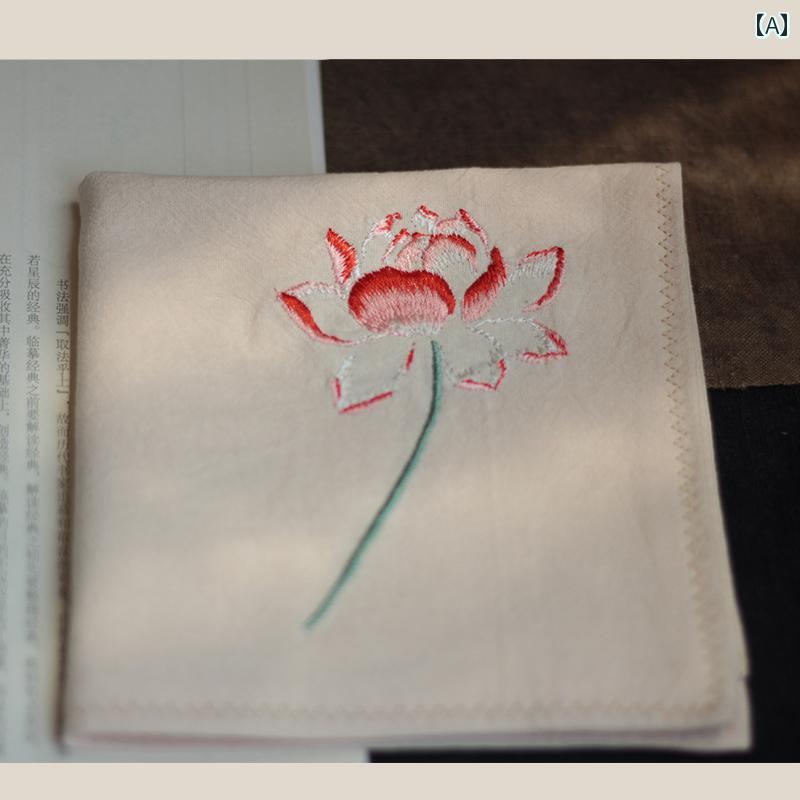 蓮の 刺繍 .ハンカチ スクエア ポケット 吸 汗性 綿 二層 風 禅 誕生日 プレゼント 女性 男性へ.ワンポイント