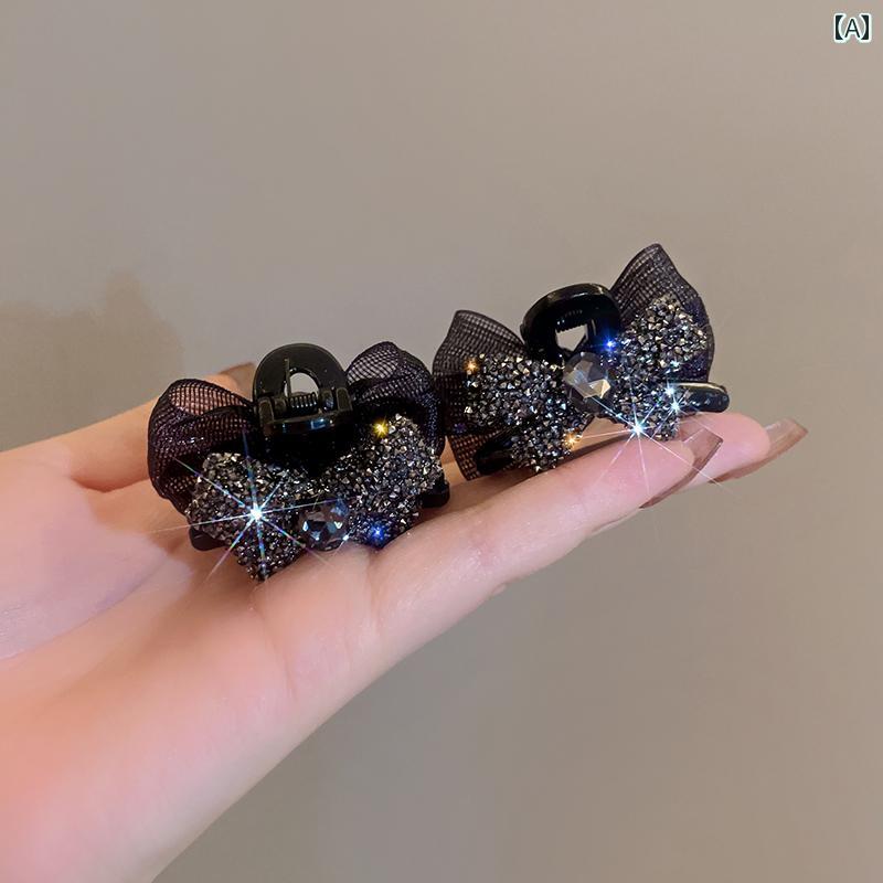 クリップ ラインストーン 豪華 キラキラ ビジュー ヘアピン ヘアセット パーティー パール リボン ブラック 華やか ヘアアクセサリー