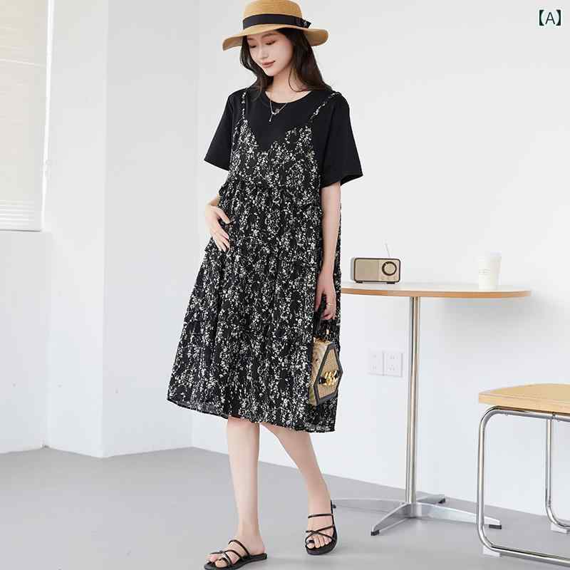 妊婦用 御召しもの フェイクツーピース 重ね着風 ズボン吊り フレンチ 刷り上げる 夏 濫りがわしい か細い 半袖 可愛らしい 心地よい