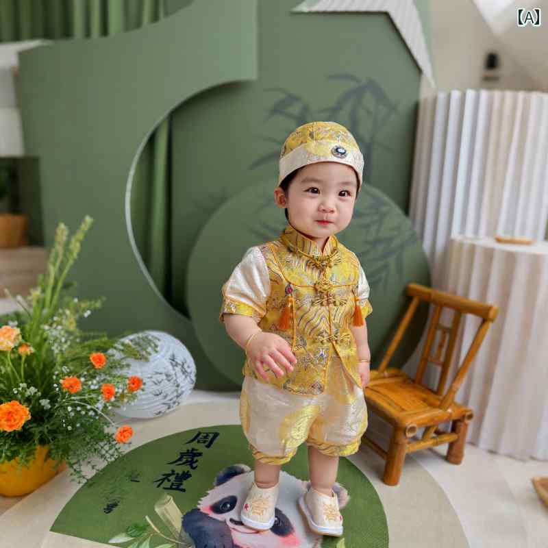 1歳 男の子 フォーマルドレス チャイナ風 ゴールド 100日 ベビー セレモニースーツ 写真撮影 記念日 セットアップ おしゃれ