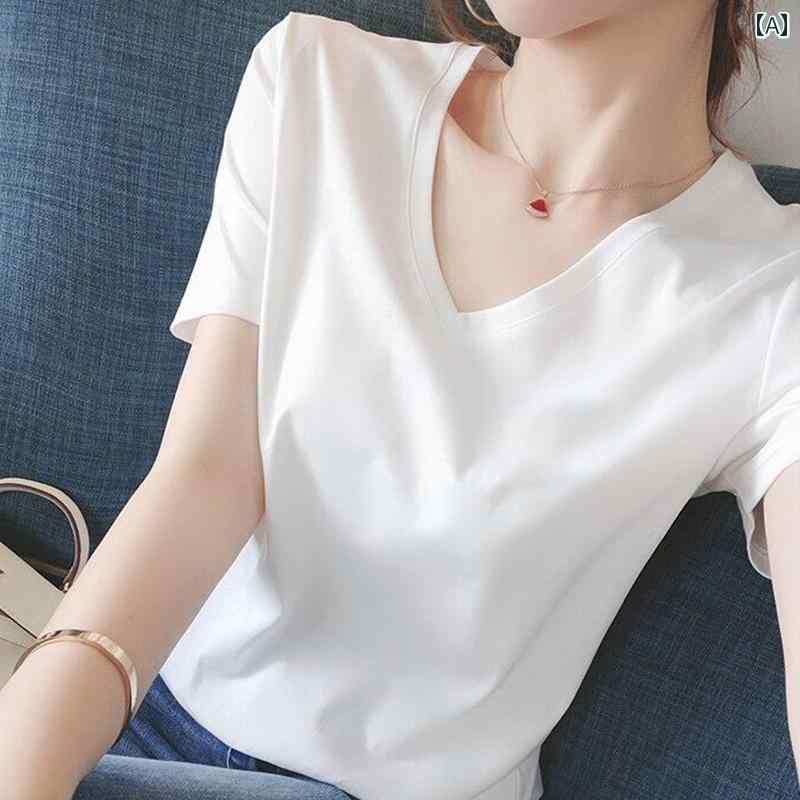 夏 薄手 女性用 綿 半袖 Tシャツ 2025 韓国 ルーズ Vネック ショート トップ 女性用綿の夏用半袖Tシャツ