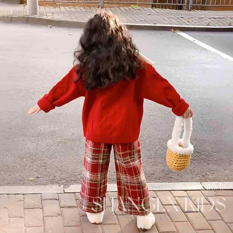 ニット キッズ 女の子 セーター パンツ セットアップ 秋冬 チェック柄 クリスマス レッド 赤 子供服 普段着