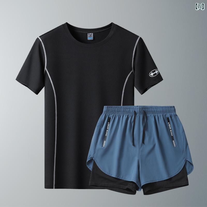 メンズ ランニング スポーツ スーツ ツーピース 夏 速乾 半袖 トレーニング パンツセット ショートパンツ Tシャツ スポーティー
