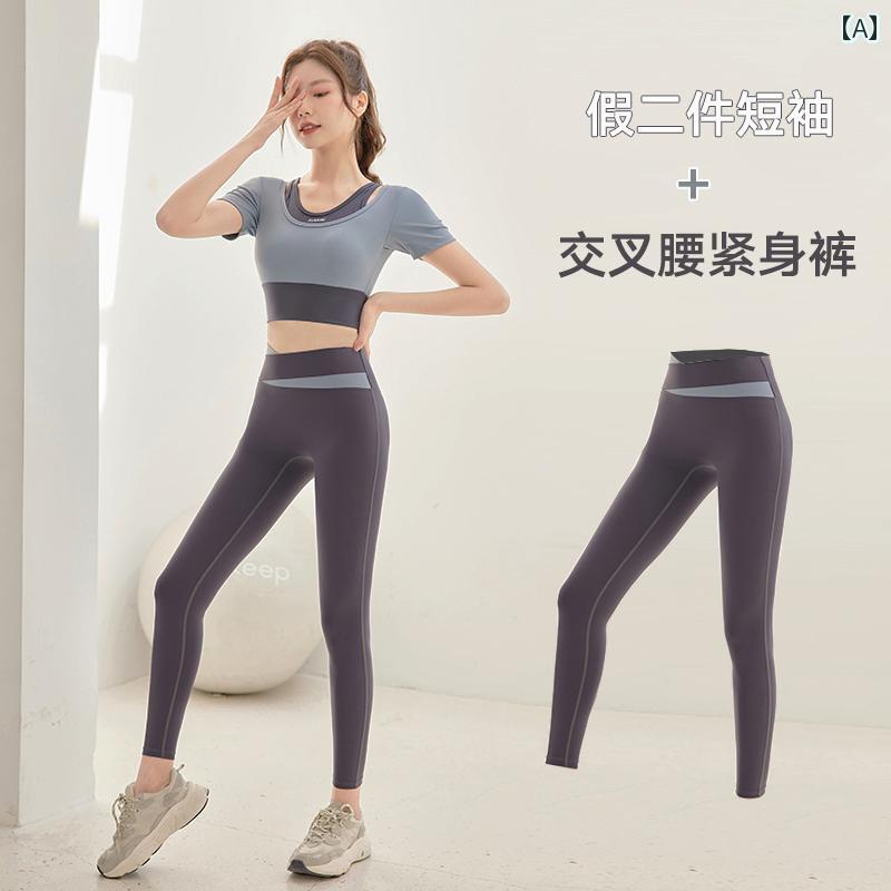 夏用 スリムフィット フェイクツーピース 重ね着風 ピラティスヨガ 半袖 トップス 女性用 プロ 速乾 ランニング トレーニング フィットネ スーツ
