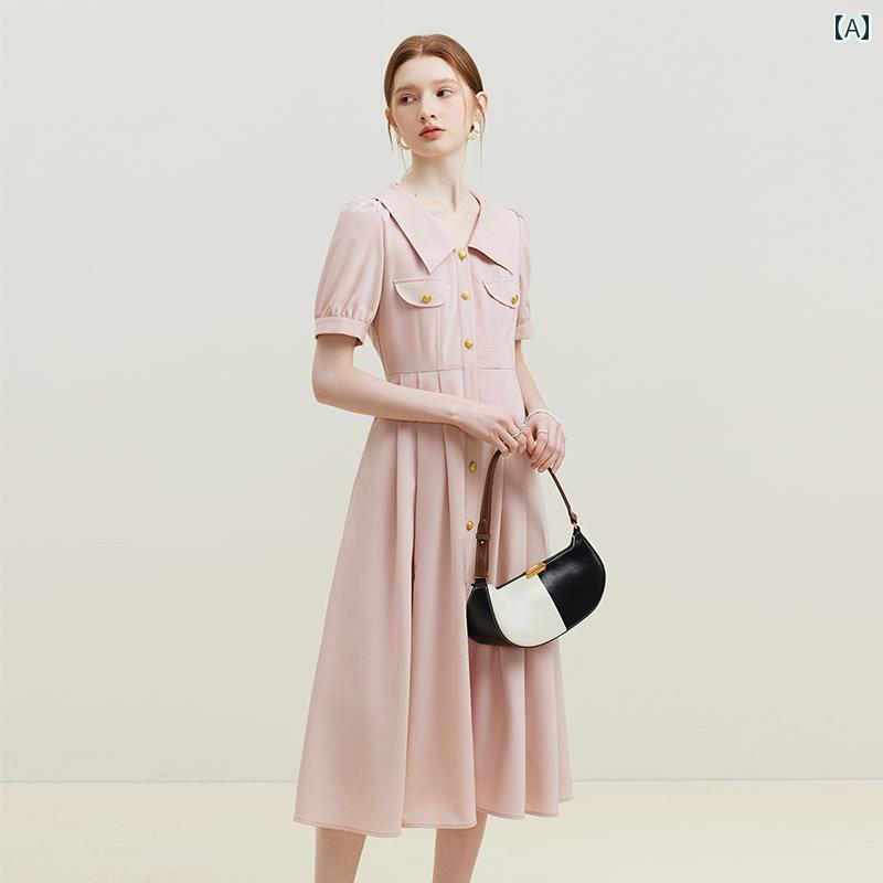 面接 着 フレンチ Vネック ワンピース 女性 夏 半袖 通勤 シャツ ロングスカート カジュアル かわいい おしゃれ｜LINEAR shop