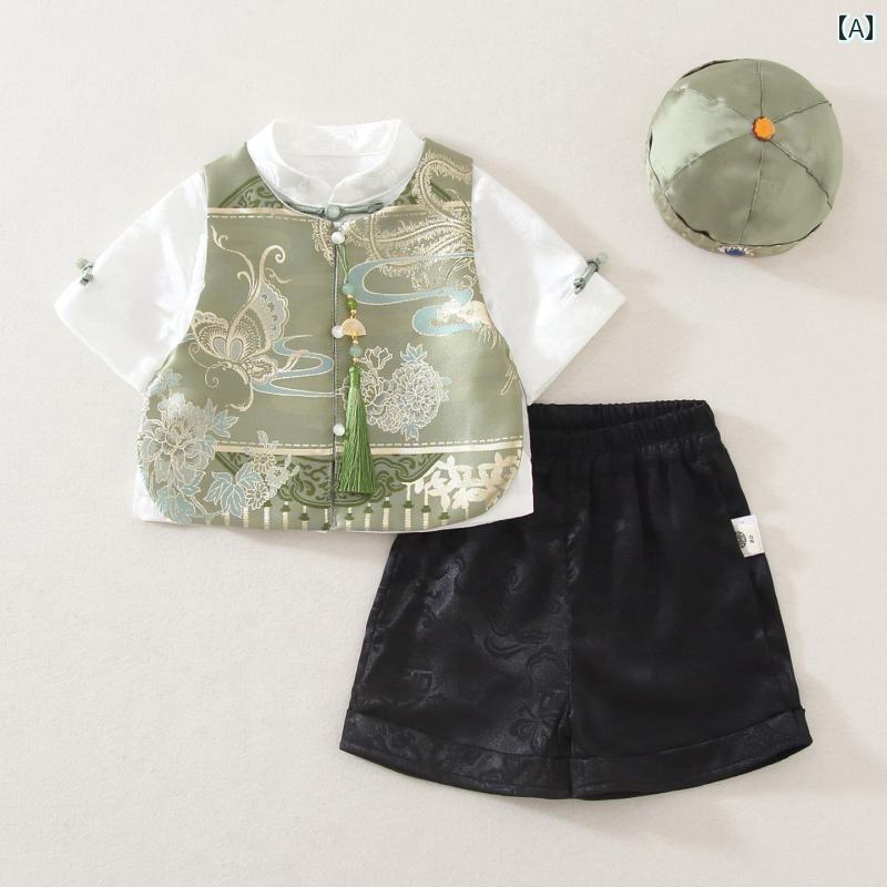 赤ちゃん.1歳お祝い夏ベビードレス.中国スタイル 可愛い 子供の チャイナ風服. 帽子半袖衣装セレモニーセット