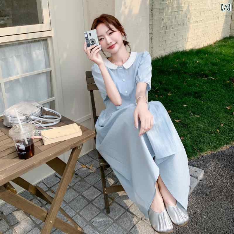 優しい ドール カラーの 青い ドレスの 女性 2025年の 夏 甘い 年齢 減らす 小さめ 休日の シャツ ロング スカート｜LINEAR shop