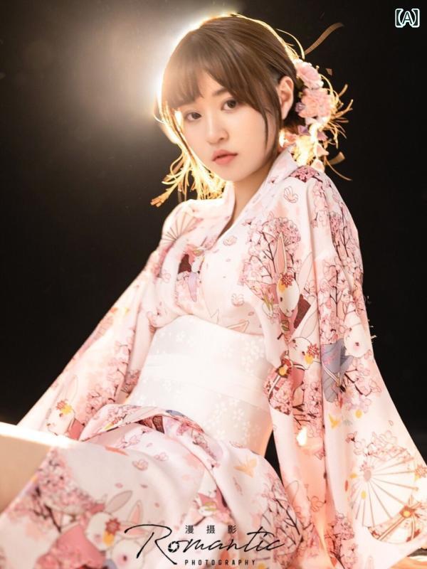 神 明 ガール 和風 ピンクの 祈り ウサギ 浴衣 女性 レトロ ドレス 改良 伝統的な フォーマルと 衣服.カラフルカラーオシャレ
