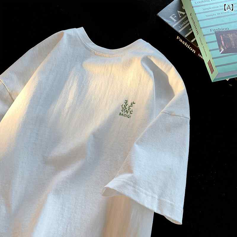 刺繍 厚手 コットン 半袖 Tシャツ メンズイン ルーズ 夏 リーフ トップス カジュアル ワンポイント シンプル