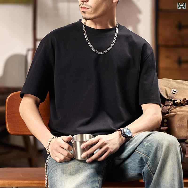320 G 厚手の 豪華 綿 半袖 Tシャツ メンズ 2025 夏 ゆったり トップス 厚手 白 アメリカン カジュアル