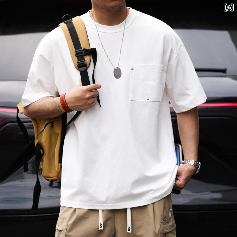 夏 和風 サロナ 半袖 Tシャツ 男性用 クール ルーズ スタッド ポケット 無地 ボトム カジュアル シンプル ストリート