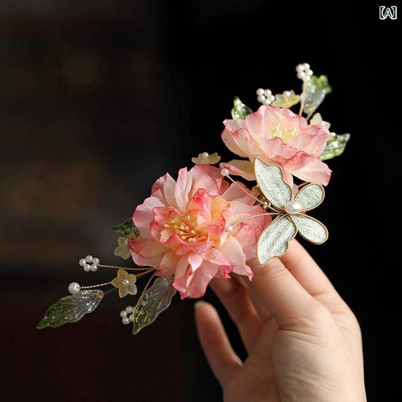 妖精 レトロ アクセサリー 唐 風 宋代 漢服 サイド バン ヘア ピン ソフト 花 蝶 女性用 レディース フラワー カジュアル