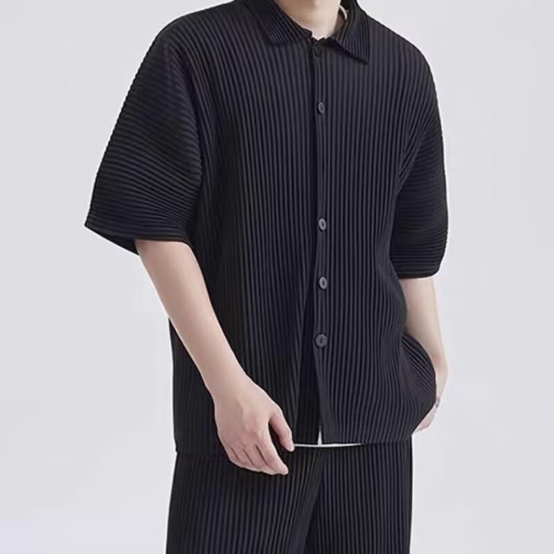 シャツ メンズ 男性用 半袖 ポリエステル 褶? 伸縮性 通気性 ?松 トップス ブラック 黒 グレー 普段使い リラックス