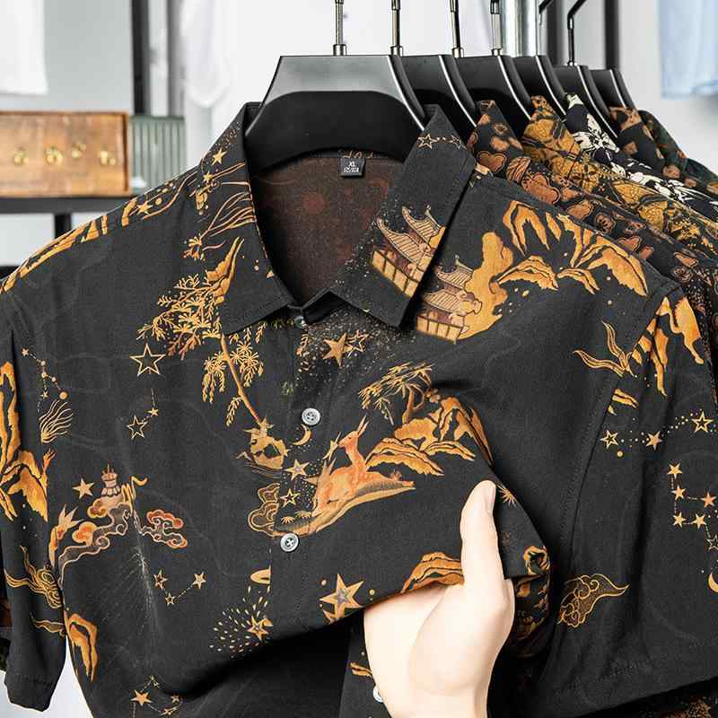 シャツ メンズ 男性用 紳士服 シャツ 絹 半袖 オープンカラー アロハシャツ風 プリント柄 薄手 ブラック系 春夏 13,905円