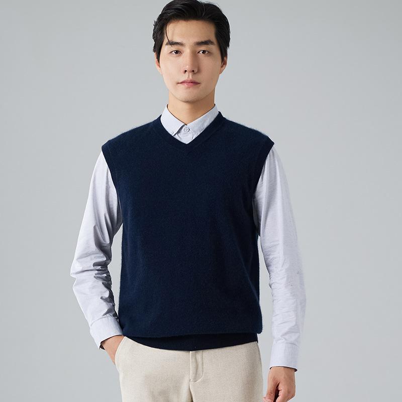 ニットベスト 男性用 Vネック ウール 混紡 厚手 無地 秋冬 プルオーバー 紳士 ビジネス カジュアル 普段使い 防寒 暖か 紺色 黒