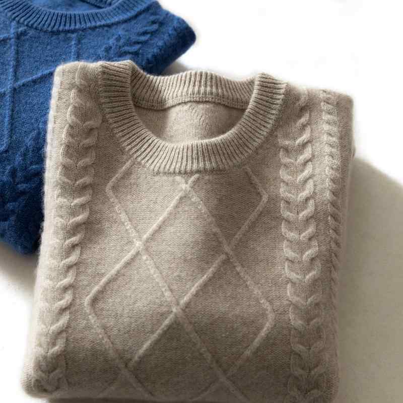 ニット メンズ 男性用 セーター ウール 羊毛 混紡 クルーネック プルオーバー 厚手 秋冬 暖かい ゆったり リラックス ブラック 黒 ブルー系