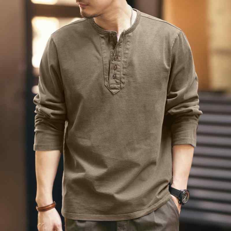 Tシャツ メンズ 長袖 コットン 立襟 無地 秋冬 プルオーバー カットソー ゆったり 摩・柑棕 炭グレー スポーティ