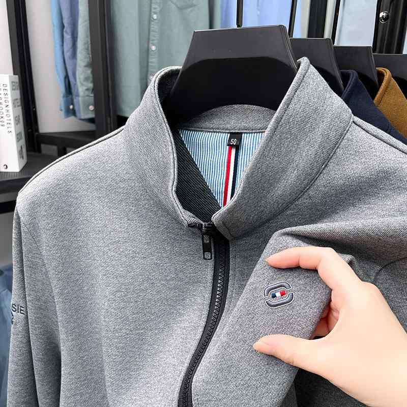 Tシャツ メンズ 男性用 コットン カーディガン ジップアップ ジャケット スタンドカラー 長袖 カットソー カジュアル トップス 春秋 無地 リブ